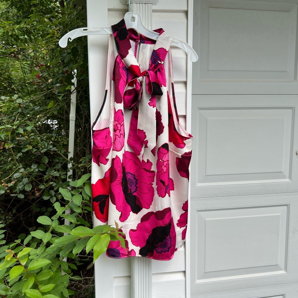 NWT Talbots Gorgeous Red Purple Floral Lined Bow Front Halter Blouse